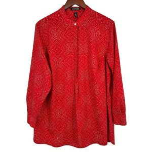 Ralph Lauren Womens Plus Size 1X Red Long Sleeve Blouse Shirt Top Christmas Work